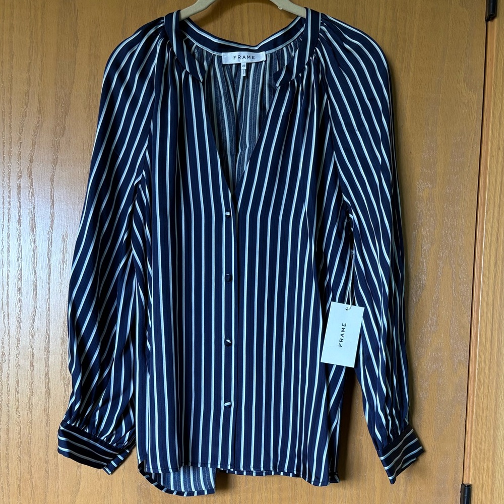 Frame Denim Navy and White Striped Blouse
